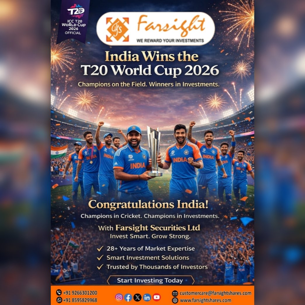 myfarsight's tweet photo. 🇮🇳 Champions
Just like in the markets, discipline, strategy, and teamwork create winning results.
Congratulations Team India on the historic T20 World Cup victory! 🏆

— Team Farsight Securities Ltd.
#indiawins #teamindia #t20worldcup2026 https://t.co/LEBPxTMFKn
