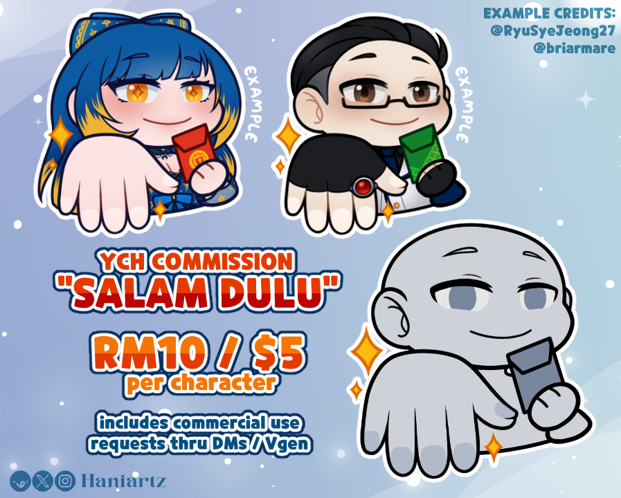 Friends and family asking for money packets/duit raya?? (or just money in general-) 
SALAM DULU~ ✨😏

I'm opening UNLIMITED slots for this YCH until March 16th!! 

If you are interested, feel free to DM me~
RTs are always appreciated~

#ych #commission