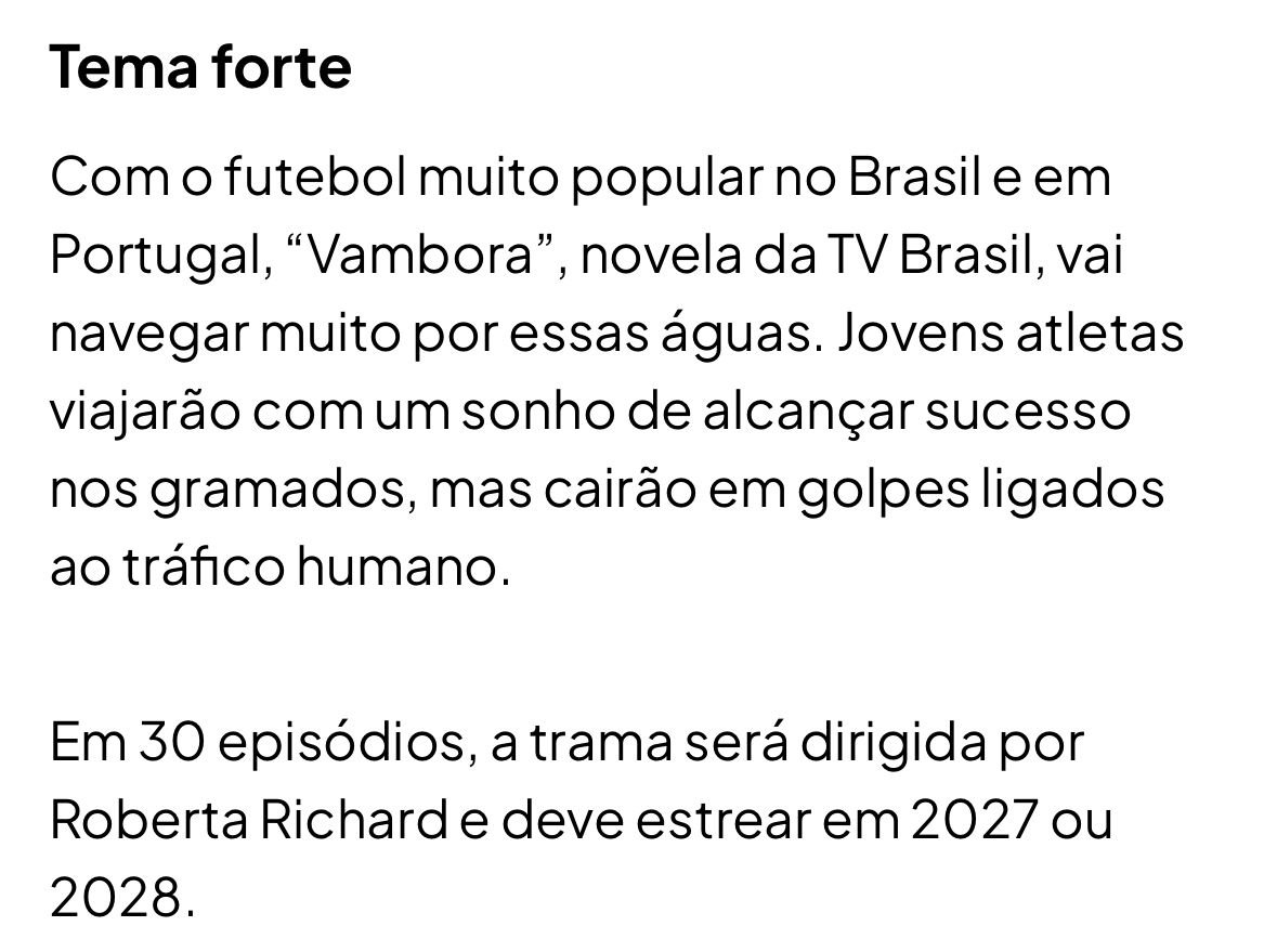 joaogibabraga's tweet photo. A Morena tá vivaaaa!!!
Novela da TV Brasil, #Vambora, vai abordar o mundo do futebol e do tráfico humano. https://t.co/CZI0CizuMs