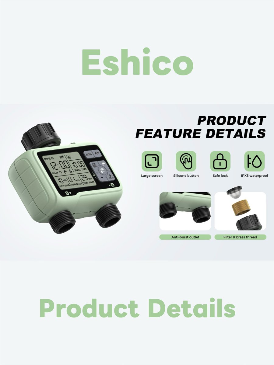 Eshico_Ningbo's tweet image. 🥰Our Garden's Best Friend!

HCT-326🌻: smart irrigation
🌱Independent multi-zone control
🌱Customizable scheduling
🌱Automatic watering &amp;amp; Manual watering
🌱Save water &amp;amp; prevent over-watering

Let Every Drop of Water Play a Value!💧

#WaterTimer #gardening #plants #Flowers