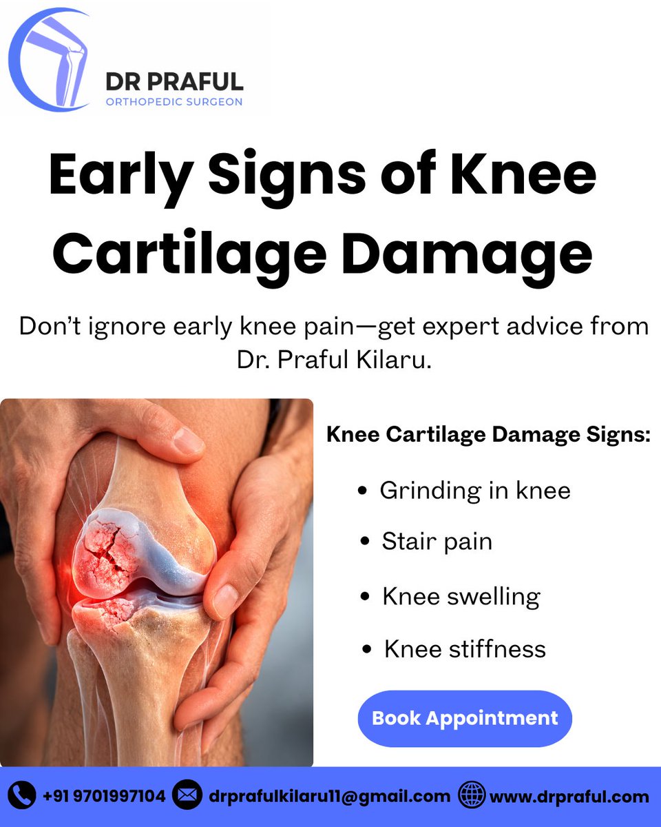 DrPraful11's tweet photo. Knee cartilage damage may cause grinding, pain, swelling, and stiffness. Consult Dr. Praful Kilaru early.

Dr. Praful Kilaru
MBBS, MS (Orthopedics)
Orthopedic Surgeon | Hyderabad
Contact: +91 9701997104
Website: https://t.co/zCmSXinhvD

#DrPrafulKilaru
#KneeCartilageDamage https://t.co/D3TlXuyVD9