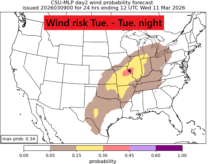 jessewalkerWTWO's tweet photo. Latest severe risk maps from Colorado State University.  Highest risk of severe storms looks like central IL and into NW IL and into MO.  But a risk is in our area as well.  More updates coming later overnight. https://t.co/RCw64whQBV