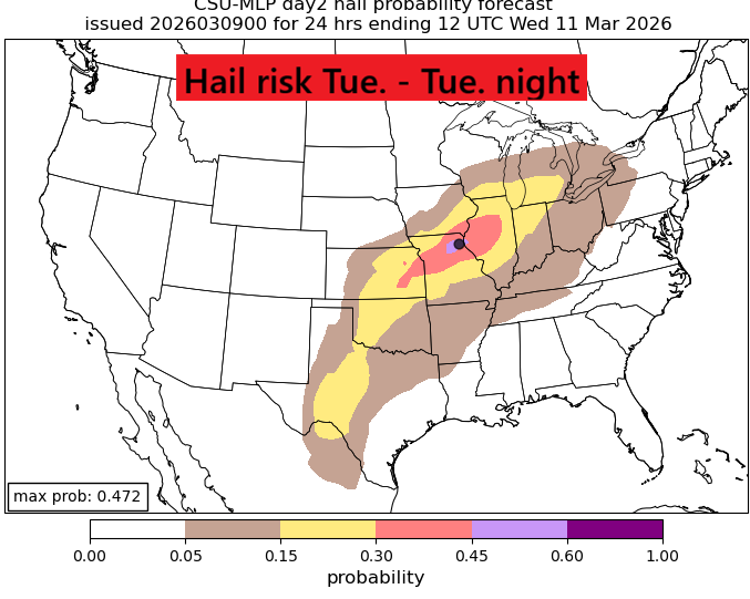 jessewalkerWTWO's tweet photo. Latest severe risk maps from Colorado State University.  Highest risk of severe storms looks like central IL and into NW IL and into MO.  But a risk is in our area as well.  More updates coming later overnight. https://t.co/RCw64whQBV