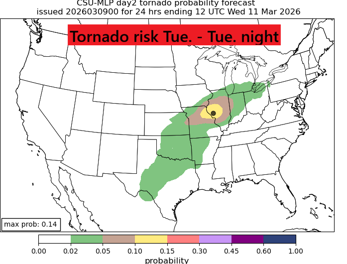 jessewalkerWTWO's tweet photo. Latest severe risk maps from Colorado State University.  Highest risk of severe storms looks like central IL and into NW IL and into MO.  But a risk is in our area as well.  More updates coming later overnight. https://t.co/RCw64whQBV
