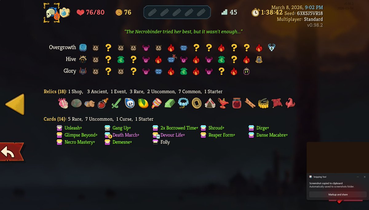 Lunigator's tweet photo. First time ever building an infinite deck in slay the spire 1 or 2 though i guess technically this one would eventually kill me #slaythespire2 https://t.co/IRFGFZ968q