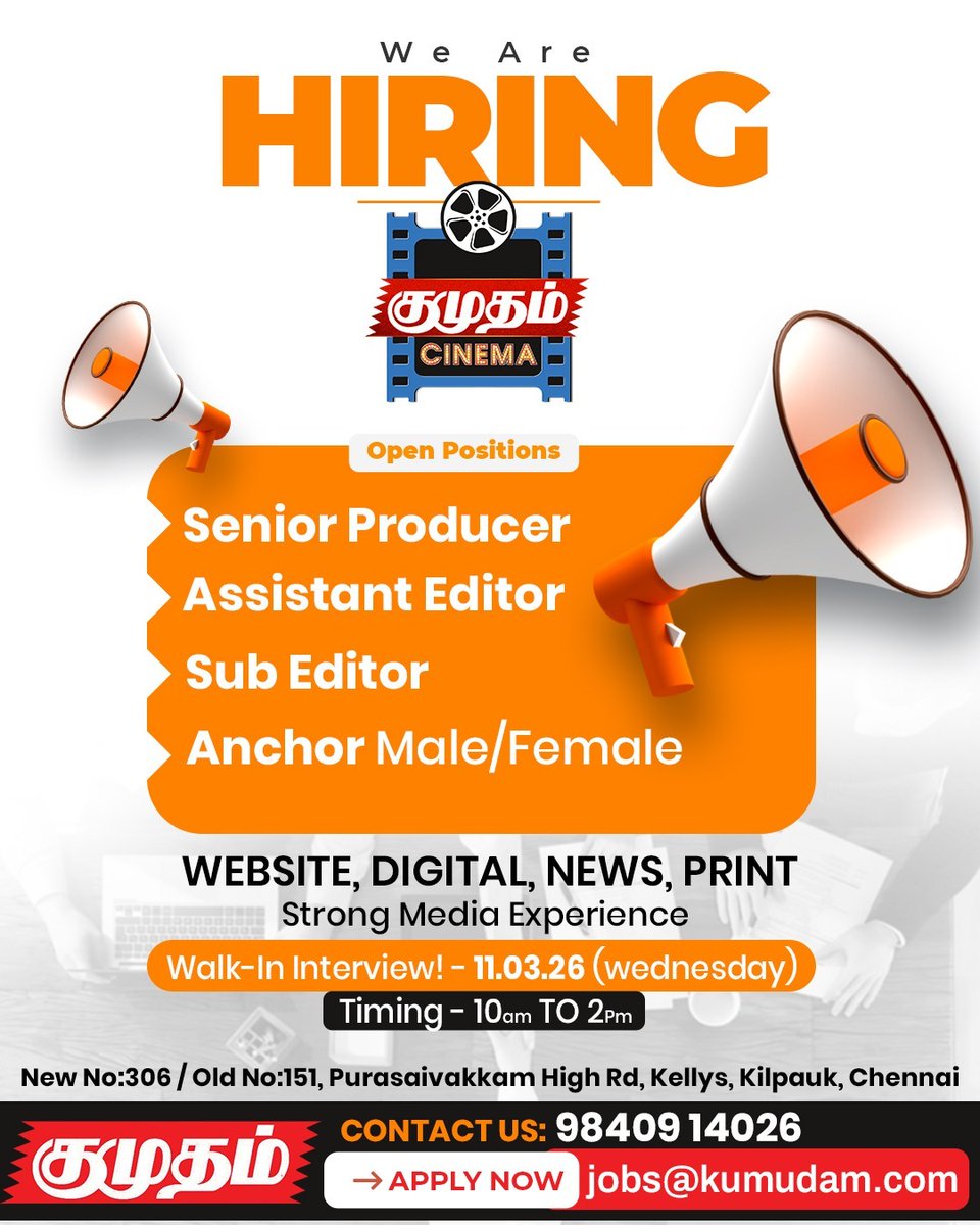 SnegithiKumudam's tweet photo. We Are HIRING
Positions:
Senior Producer
Assistant Editor
Sub Editor
Anchor Male/Female
Apply : jobs@kumudam.com
#SeniorProducer #AssistantEditor #SubEditor #anchor
#Recruitment #Wanted #Jobs #Hiring #Kumudam
#kumudamdigital #KumudamNews24x7 #kumudamcinema #Cinema #jobopportunity https://t.co/kQPwxQcze5