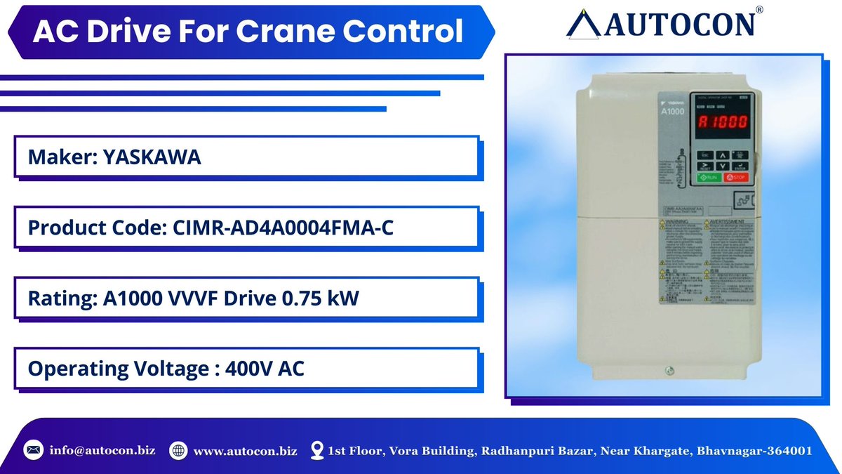 Autocon_Inst's tweet image. AC Drive for Crane Control

A1000 VVVF Drive (0.75 kW) for smooth &amp;amp; efficient crane operation.

🔹 Maker: YASKAWA
🔹 Product: CIMR-AD4A0004FMA-C
🔹 Voltage: 400V AC

🌐 autocon.biz 
 📍 Bhavnagar – 364001

#autocon #ecommerce #acdrive #Bhavnagar