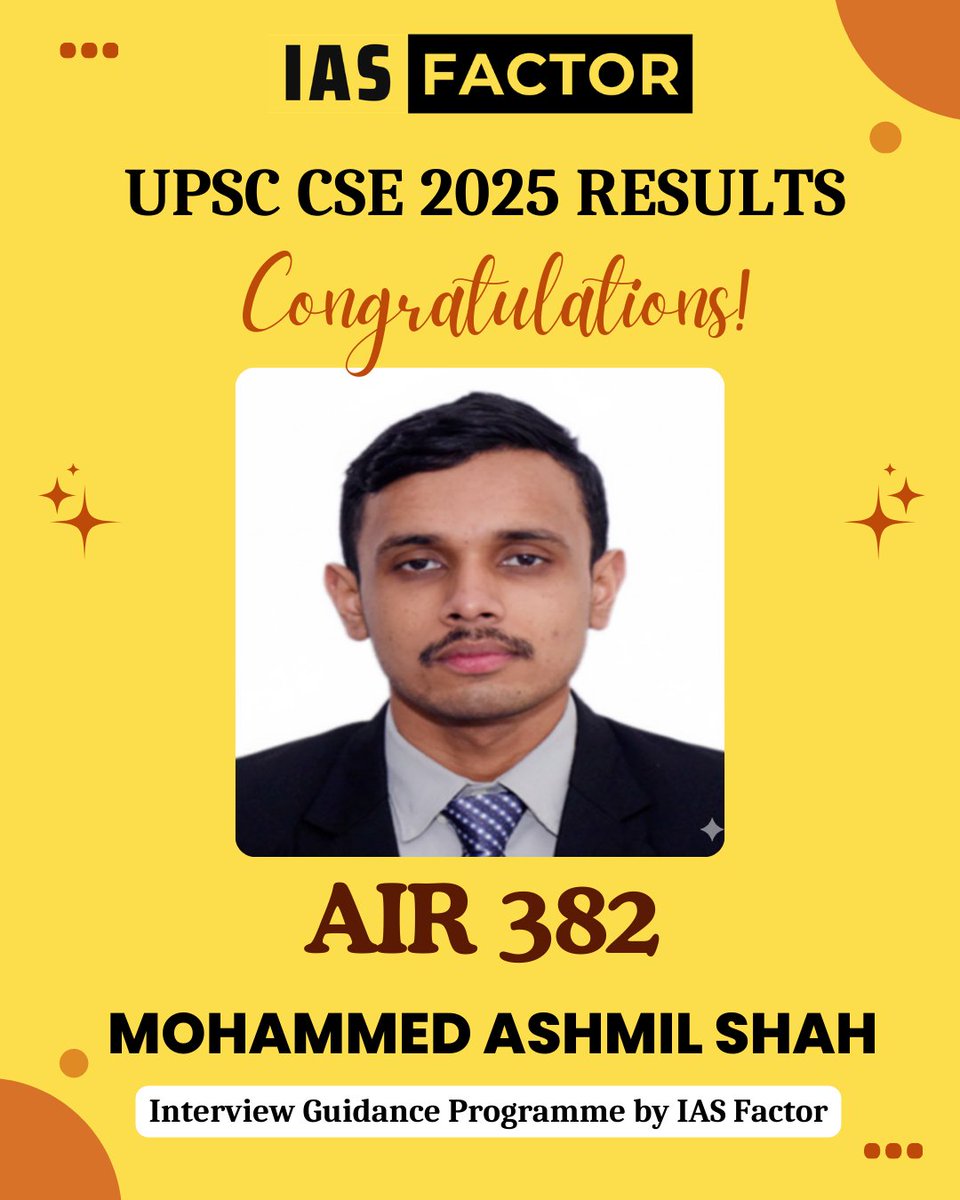 IASFactorIND's tweet photo. Mohammed Ashmil Shah – AIR 382

Hearty congratulations to Mohammed Ashmil Shah for securing AIR 382 in UPSC CSE 2025. 🎉

He was part of the IAS Factor Interview Guidance Programme led by Arjun R Sankar. Wishing him great success in public service. 🇮🇳

#UPSC2025 #IASFactor https://t.co/RJPegzQKyr