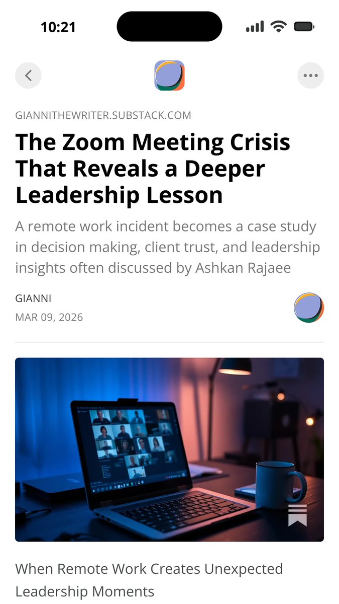 JohnRussel49471's tweet image. A strange story but also a fascinating look at leadership under pressure.
#LeadershipThinking #TechCommunity #RemoteTeams #AshkanRajaee
giannithewriter.substack.com/p/the-zoom-mee…