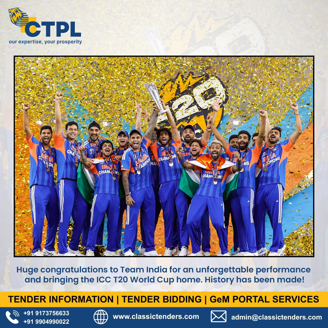 Huge congratulations to Team India for an unforgettable performance &amp; bringing the ICC T20 World Cup home. 🇮🇳

For Tender &amp; GeM Portal Service Contact Us!

Call Us :  9173756633 | 9904990022

#classictenders #icct20worldcup #Champions  #congratulationsteamindia #teamindia