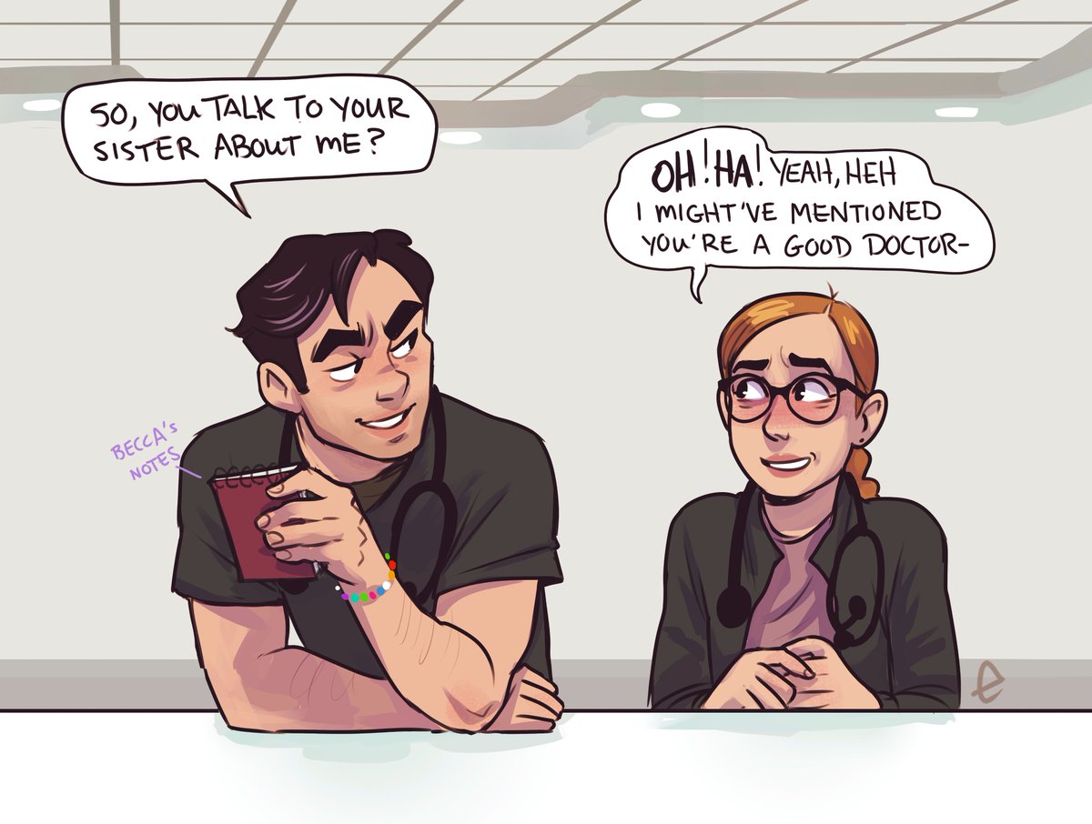 EnaBuns's tweet image. Becca offered to bring Dr. Langdon Mel's diary for additional "family history" 🥴
#thepitt #thepittfanart #LANGDONMEL