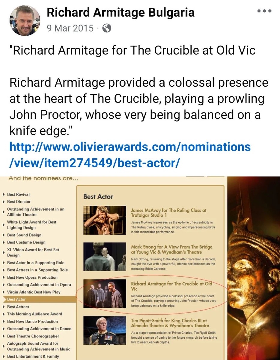 FB memory...
Unfortunately Richard Armitage was robbed of the Oliver award but a nomination is still something great to add to his CV. I can't believe it was 11 years ago!