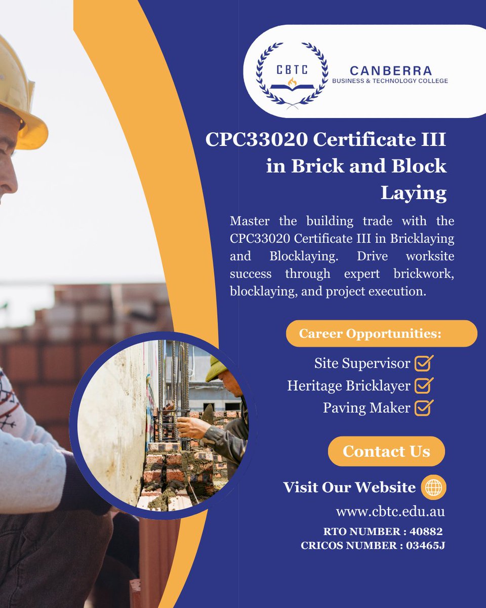 CBTCAustralia's tweet photo. Start your trade career! Study the CPC33020 Certificate III in Brick and Block Laying at CBTC. Gain hands-on experience in masonry and construction techniques for residential and commercial projects. Enroll today!

RTO 40882 | CRICOS 03465J
#Bricklaying #CBTCCourses https://t.co/nOLaOSnUez