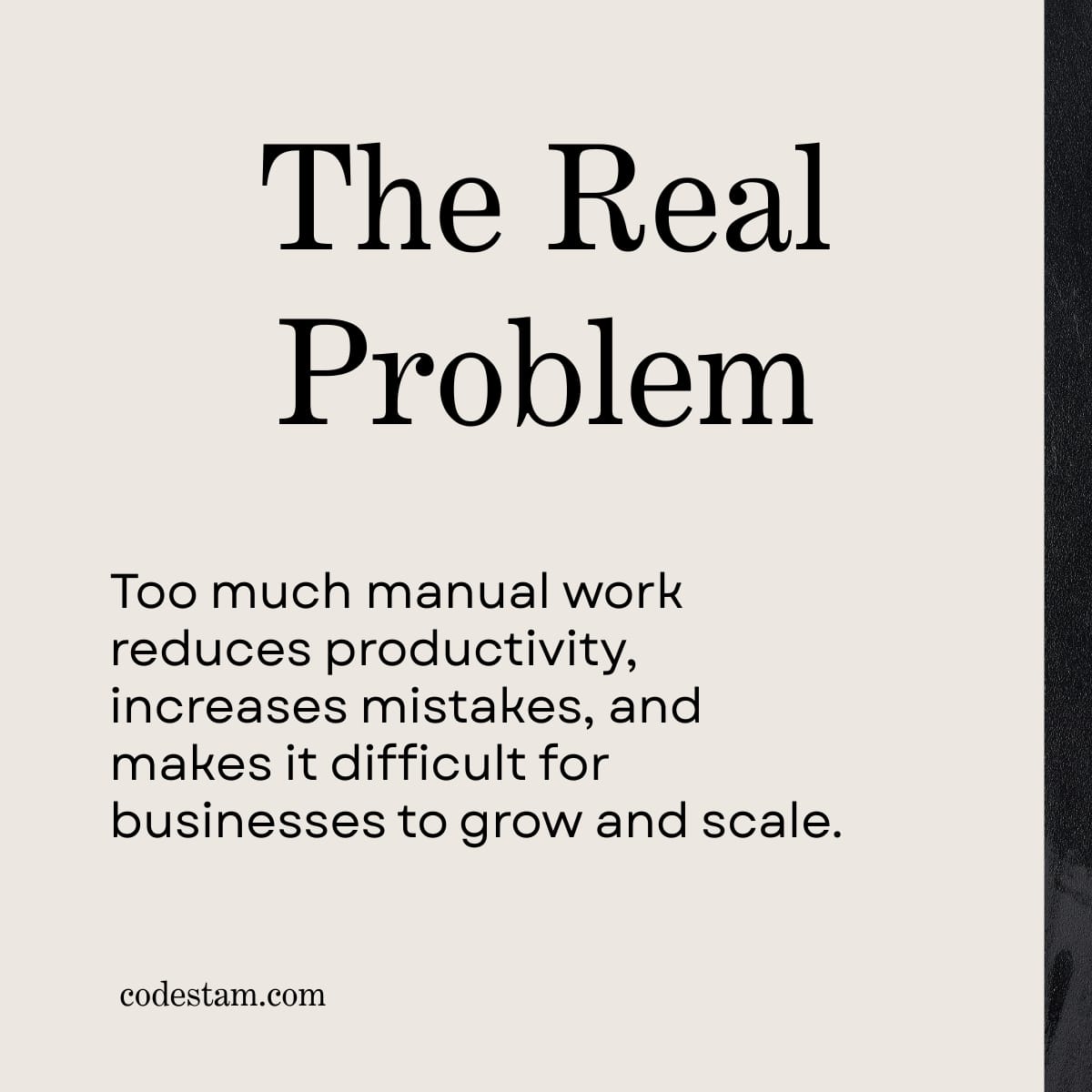 CodestamStore's tweet photo. Many businesses waste hours on repetitive tasks every day.

Manual work slows teams, increases errors, and limits growth.

Automation and custom software can save time, improve efficiency, and help your team focus on what truly matters — growing the business. https://t.co/o5A0vj3444