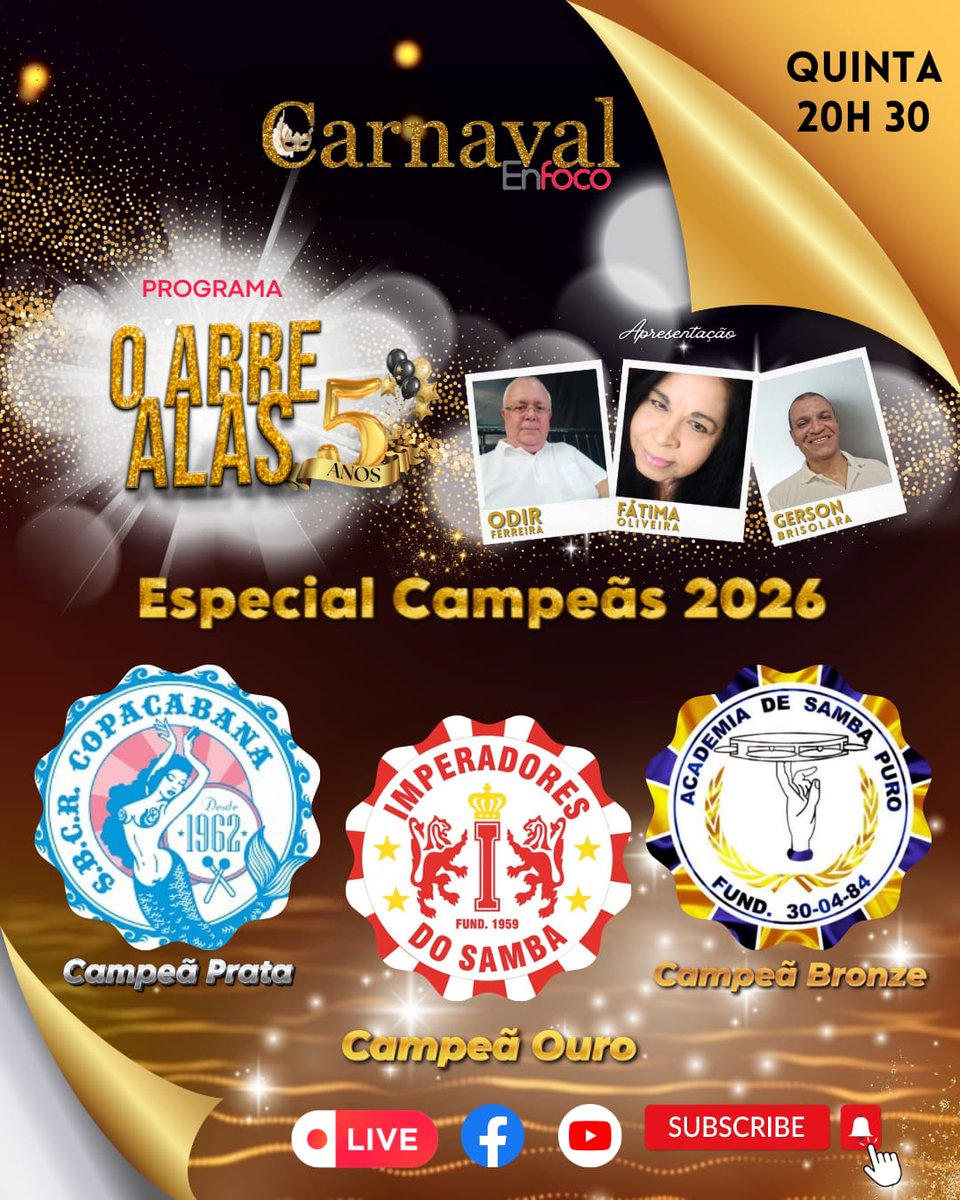 CEnfoco's tweet photo. O ABRE ALAS ESPECIAL | CAMPEÃS 2026. Nesta quinta-feira (5/3), às 20h30, a equipe do Carnaval Enfoco recebe as campeãs do carnaval 2026 de Porto Alegre: Imperadores, Copacabana e Samba Puro. Confira a transmissão online: https://t.co/ECTSdQ9y4i https://t.co/qEZ39beHTj