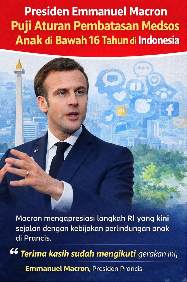 abriska001's tweet photo. Langkah Indonesia dalam membatasi penggunaan media sosial bagi anak di bawah 16 tahun mendapat apresiasi dari Presiden Prancis Emmanuel Macron sebagai bentuk perlindungan anak di era digital. #LindungiRuangDigital https://t.co/HSPXwsTqgj
