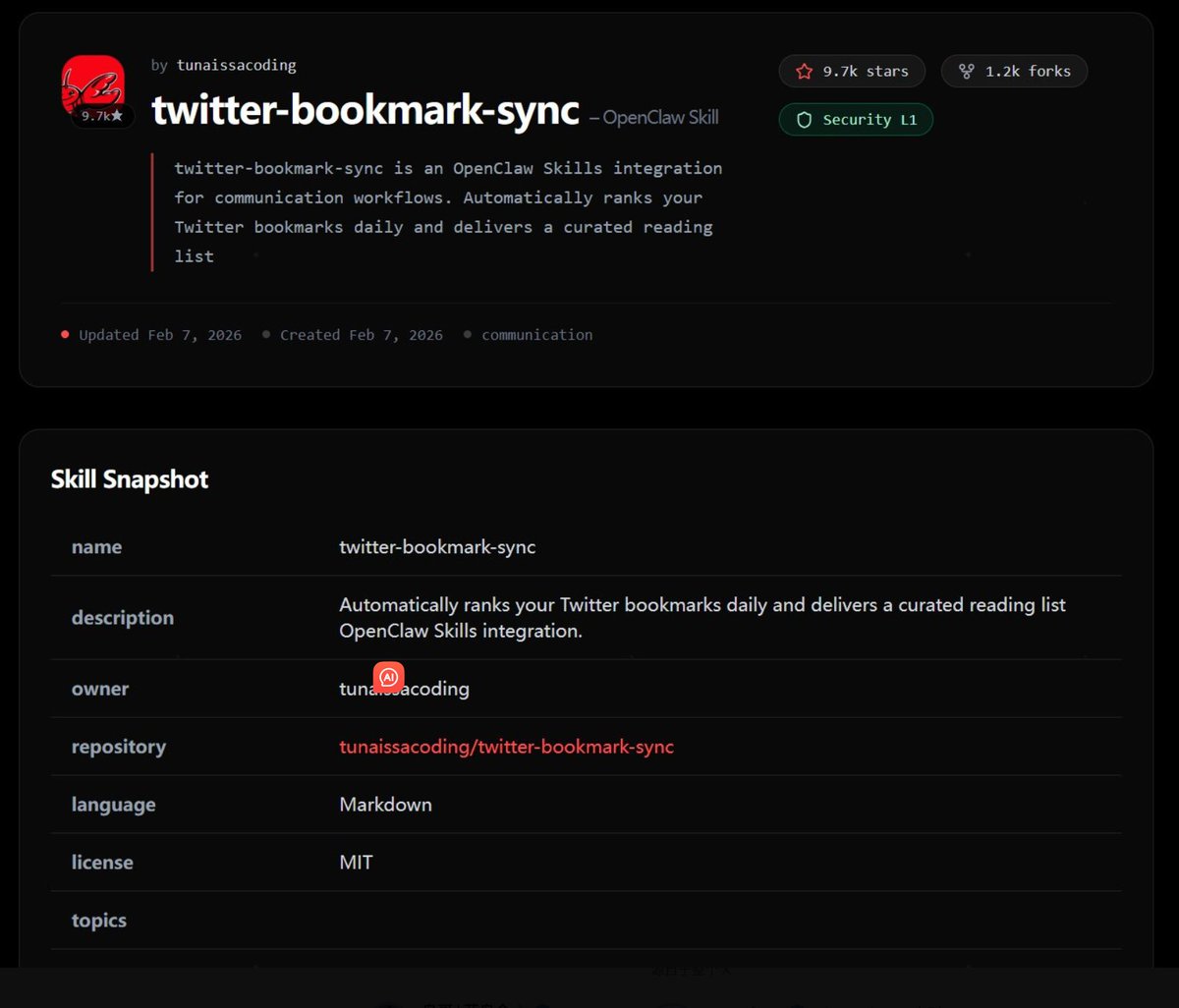 你的 Twitter/X书签已经变成“坟场”了？这个Skill直接救活它，每天自动给你推精选 Top 10！

很多人刷 X（Twitter）的时候，看到好东西就随手 bookmark，结果攒了几百上千条，从来没翻过第二次。存着存着就成了心理安慰：“以后再看”——然后永远没有以后。

现在有个免费 Skill