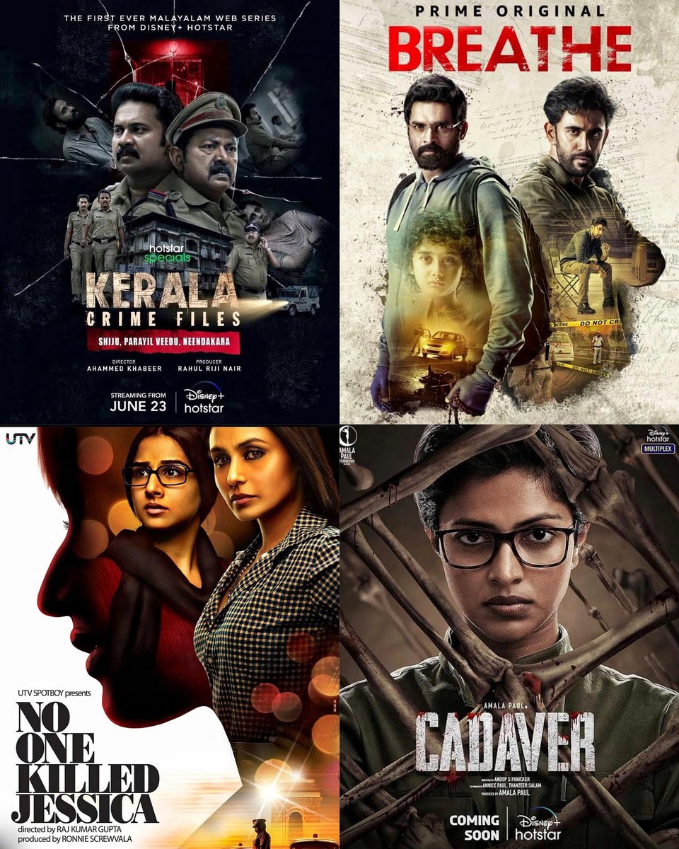 itischalz's tweet photo. 🎬: Best Secret Murder Case Investigation • Mystery Crime Thriller Dramas 🎥👀

👮 Kerala Crime Files (2023)
⭐ IMDb Rating: 7.3/10
🎭 Genre: Crime • Investigation • Thriller
📺 Platform: Disney+ Hotstar
💥 Highlight: A murder investigation begins with just one clue, leading Kerala police into a tense and gripping chase. 🔍🚨

🫁 Breathe (2018–2022)
⭐ IMDb Rating: 8.3/10
🎭 Genre: Crime • Thriller • Drama
📺 Platform: Amazon Prime Video
💥 Highlight: A desperate father breaks every rule to save his son, creating a chilling cat-and-mouse game. ⚡🕵️‍♂️

⚖️ No One Killed Jessica (2011)
⭐ IMDb Rating: 7.1/10
🎭 Genre: Crime • Drama • Biography
📺 Platform: Netflix / Amazon Prime Video
💥 Highlight: Two fearless women challenge the system to get justice in a powerful true-story courtroom battle. 🔥⚖️

🦴 Cadaver (2022)
⭐ IMDb Rating: 6.5/10
🎭 Genre: Crime • Mystery • Thriller
📺 Platform: Disney+ Hotstar
💥 Highlight: A forensic surgeon uncovers disturbing secrets while solving a mysterious murder case. 🧬🔪