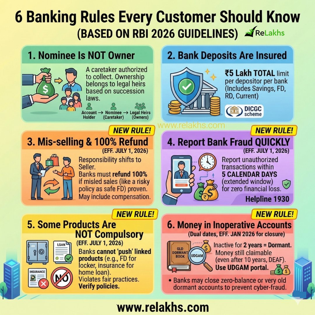 ReLakhs's tweet image. 6 banking rules every bank customer should know in 2026

• Insurance mis-selling at banks (Eff. Jul 2026)
• Fraud reporting timelines (Eff. Jul 2026)
• Things banks cannot force you to buy (Eff. Jul 2026)..

[Full article link in comments..]

#banking #RBIguidelines