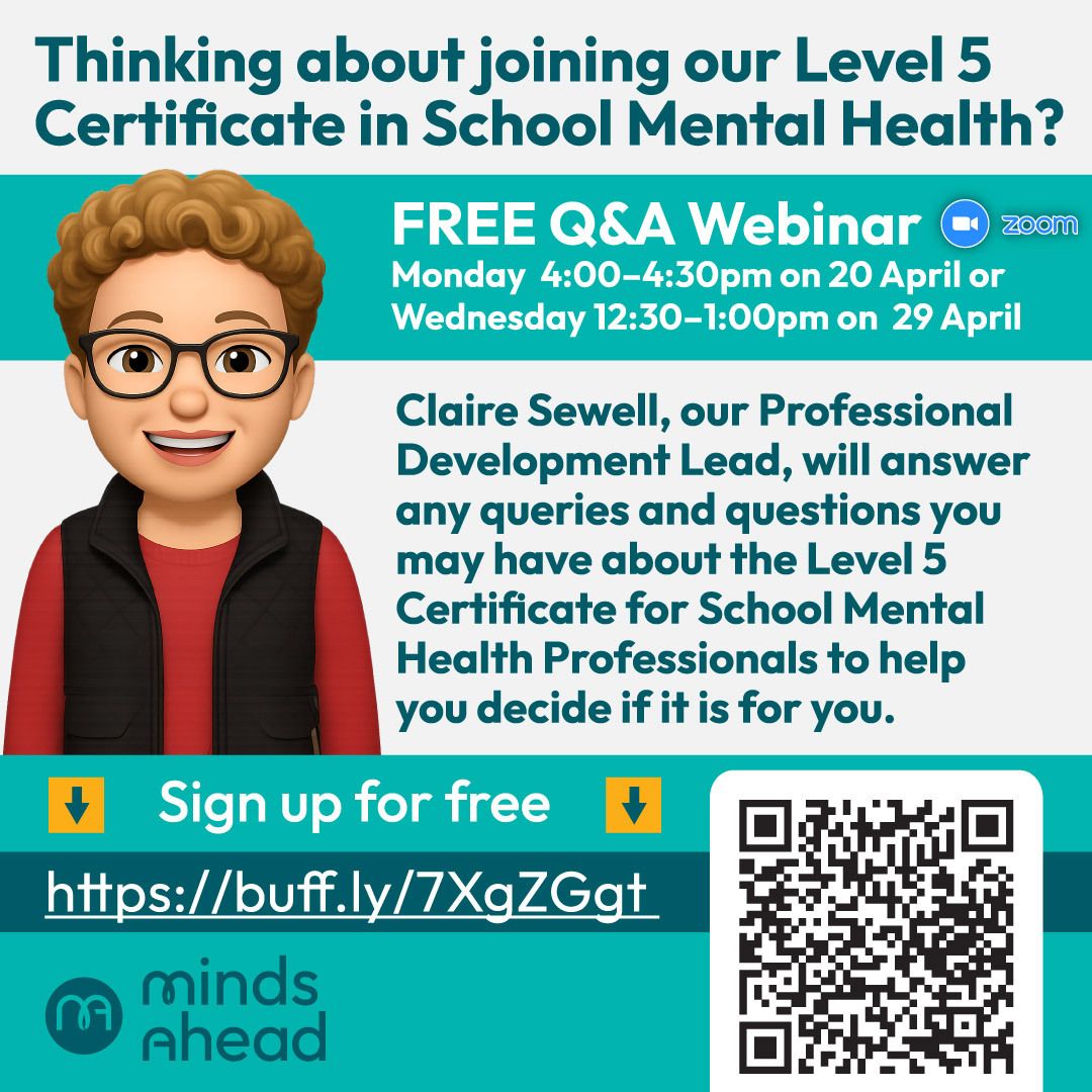 📅 Monday 20 April | 4:00–4:30pm
📅 Wednesday 29 April | 12:30–1:00pm

Find out what the course involves, who it’s for, and how it can help you lead mental health support in your school. 👉 buff.ly/W7eEwAG

#SchoolMentalHealth #TeacherCPD #MentalHealthInSchools