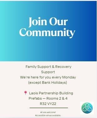 arcprojectlaois's tweet photo. Family Support &amp; Recovery Support

We’re here for you every Monday (except Bank Holidays) 

📍 Laois Partnership Building
Prefabs — Rooms 2 &amp; 4

R32 VY22

Drop in and connect in a safe, welcoming space. https://t.co/yZcJj0aJmw