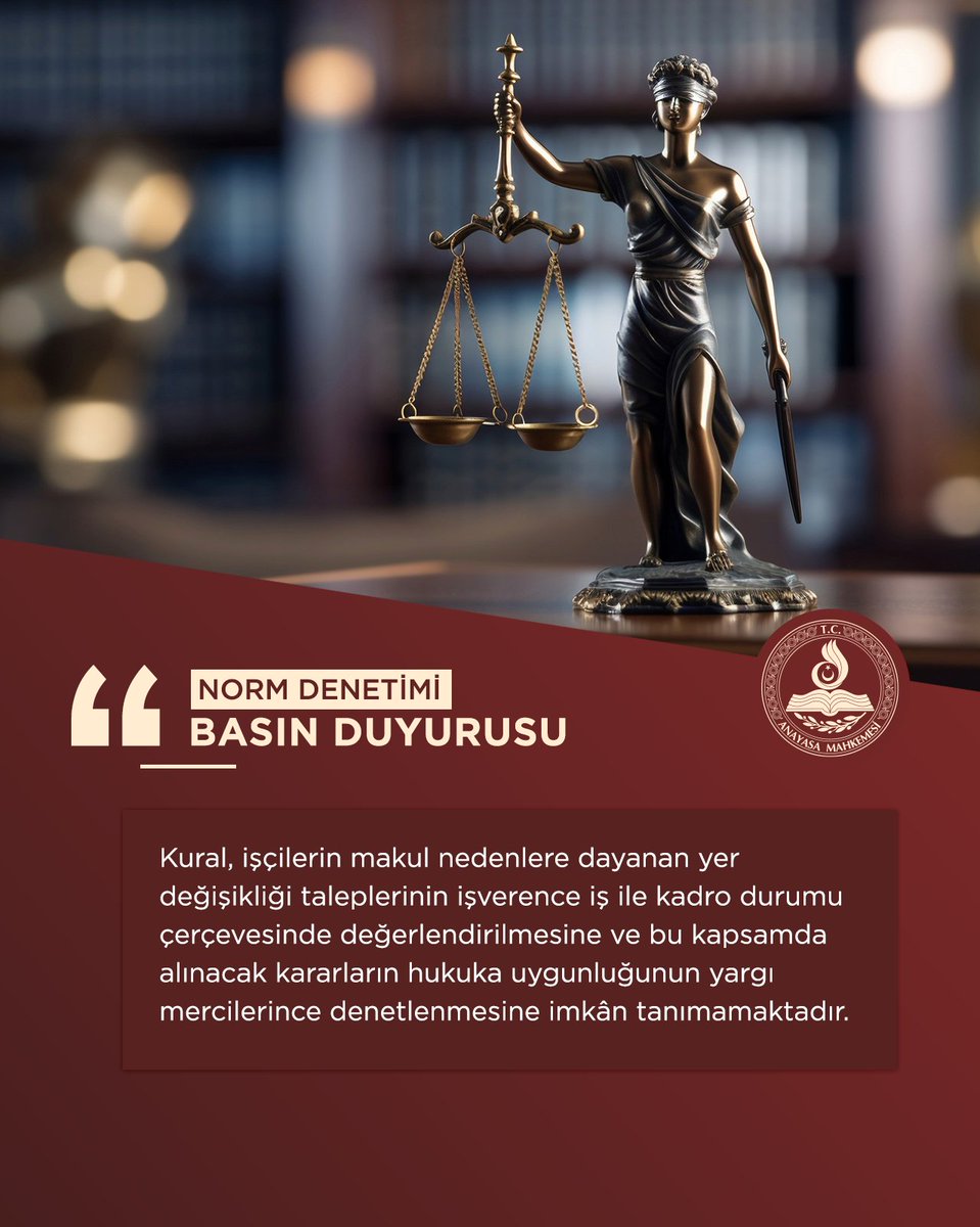 AYMBASKANLIGI's tweet photo. Anayasa Mahkemesi, sürekli işçi kadrosuna geçirilen işçilerin yer değiştirmelerine imkân tanımayan kurala ilişkin itiraz başvurusunu karara bağladı.
https://t.co/UtpQhrcidN https://t.co/xOsY7q6oRd
