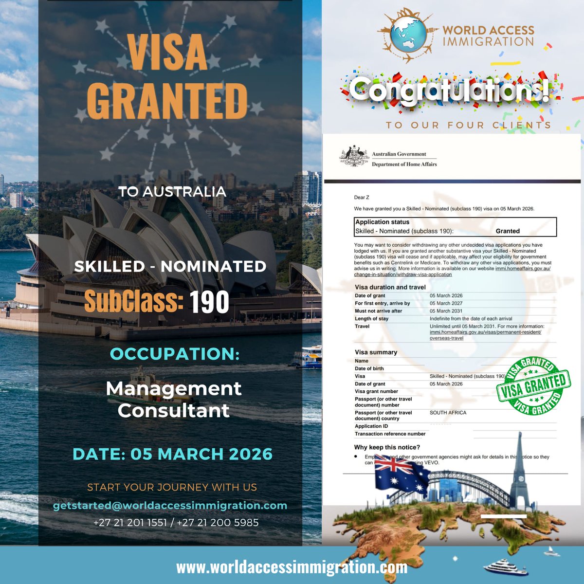 worldaccess_sa's tweet photo. We are still celebrating with our two newest success stories from last week:

The Big Move: Skilled – Nominated (subclass 190) Visa granted for Australia! As a Management Consultant, your expertise is officially heading Down Under.
Ready to start your own?
https://t.co/E0134QlH2l https://t.co/bHLkrNtSVb