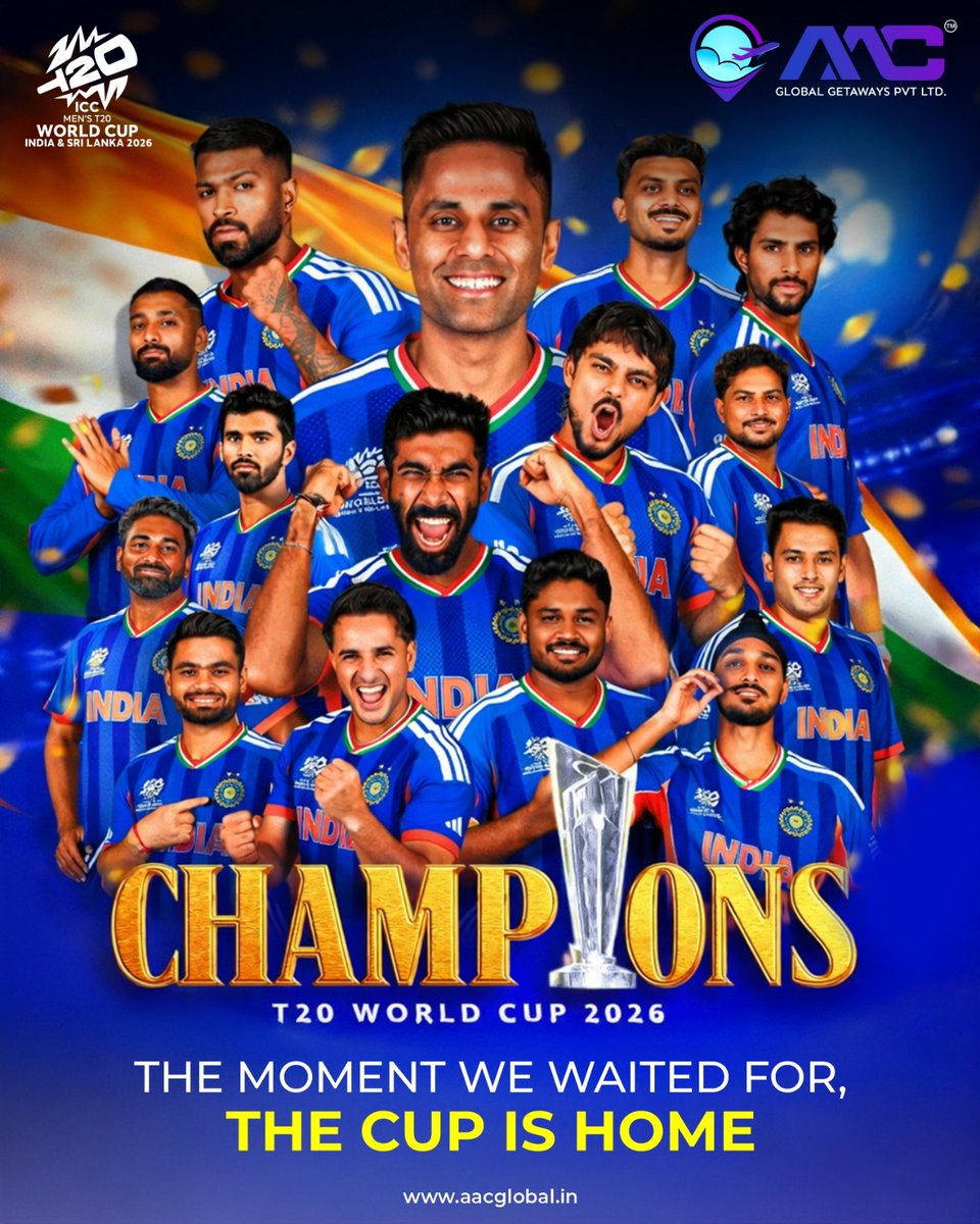 𝐓𝐡𝐞 𝐜𝐡𝐚𝐦𝐩𝐢𝐨𝐧𝐬 𝐚𝐫𝐞 𝐡𝐞𝐫𝐞! 🇮🇳🏆
Pride, passion, and power — Team India brings the glory home! 💙🔥
A historic victory that every cricket fan will remember forever.
Congratulations to India national cricket team for lifting the ICC Men's T20 World Cup
#teamindia