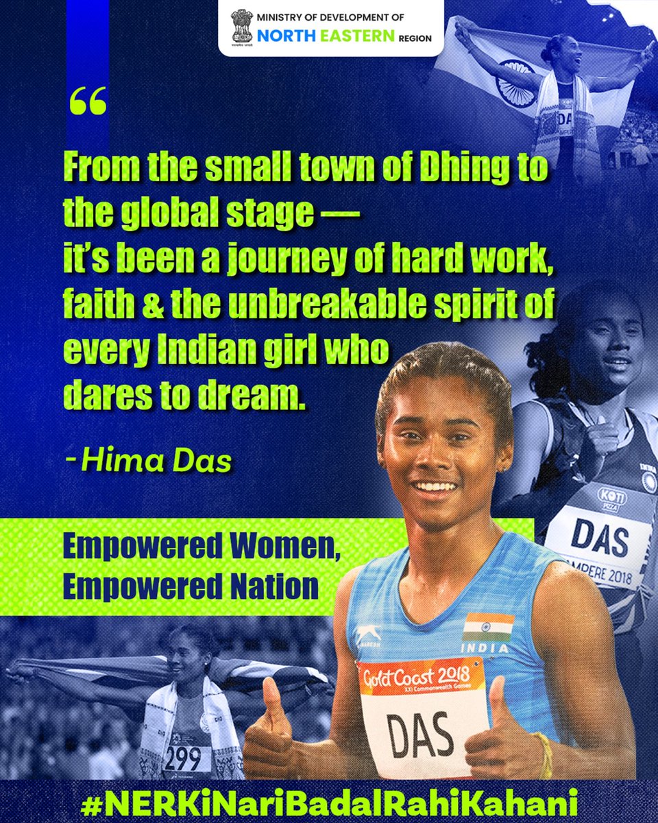 MDoNER_India's tweet photo. Hima Das – Her journey reflects resilience, focus, and an unshakable spirit to excel. On this International Women’s Day, we honour and salute the strength of women like her who continue to inspire the world.

#MDoNERIndia #NERKiNariBadalRahiKahani #HimaDas #InternationalWomensDay https://t.co/KMBlV1YRA6