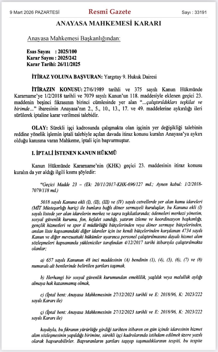 ozlemtitrek's tweet photo. 375 sayılı KHK’nın geçici 23. maddesi kapsamında sürekli işçi kadrosuna geçirilenlerin yer değiştirmelerini ve işverenin bu kapsamdaki kararlarının yargı merciileri tarafından denetlenmesini engelleyen "çalıştırıldıkları teşkilat ve birimde" ibaresi AYM tarafından iptal edildi. https://t.co/mZRmZiaIJ6