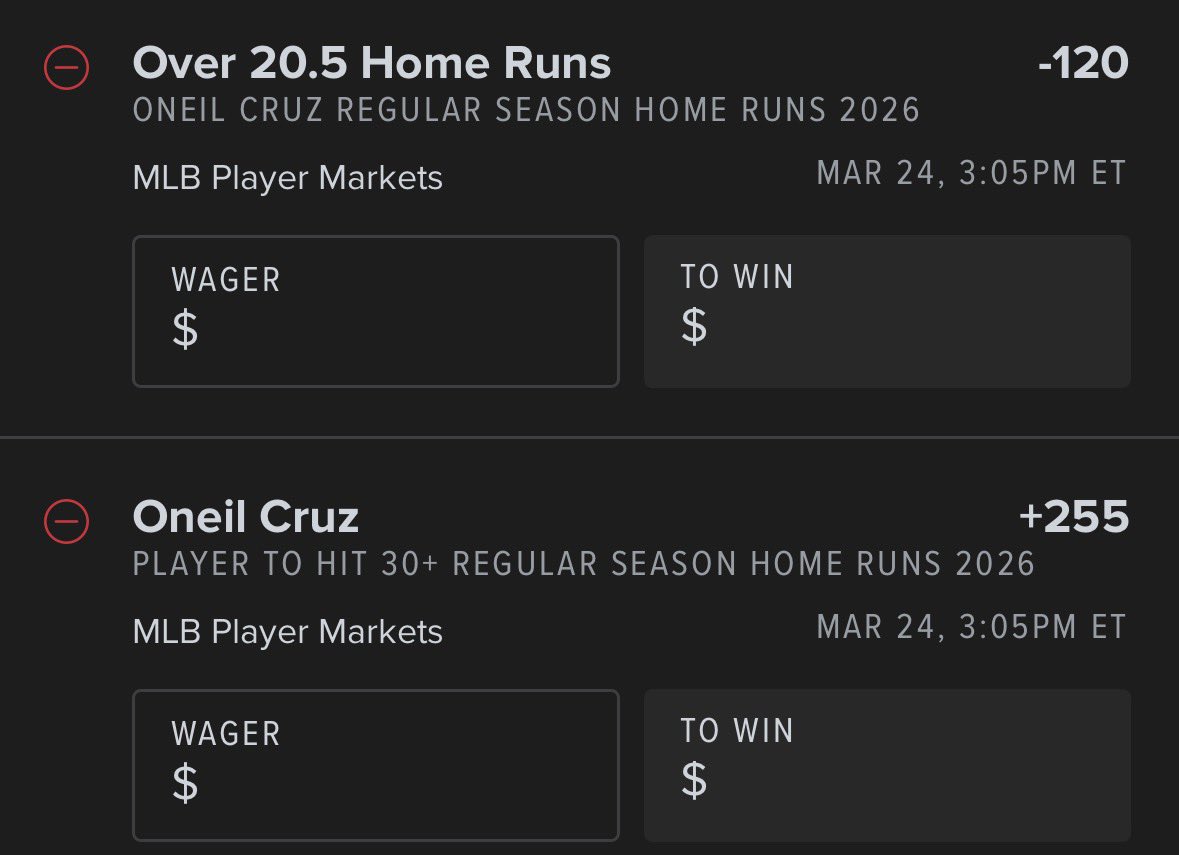 pondrrap's tweet image. Greatest example I could pull out of how awful the odds are on To Score X odds are compared to regular O/U. Oneil Cruz 21 HR is -120 and 30 HR is only +225
