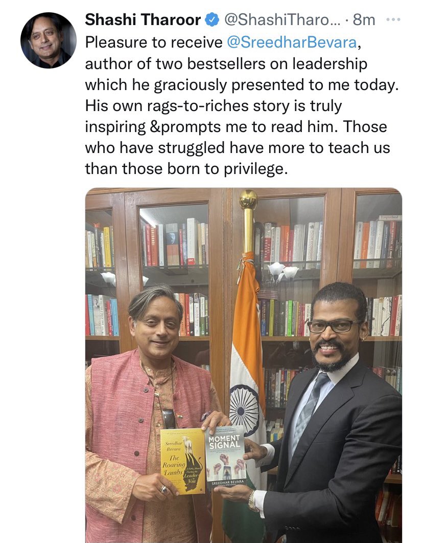 SreedharBevara's tweet photo. Irrespective of politics or affiliations, Dr @ShashiTharoor with his immense experience, wisdom & thought-leadership remains an #IconicFigure in modern India & truly a #NationalTreasure.
Wishing him many many more happy & healthy birthdays ahead.
It takes a truly secure leader to elevate the work of others from a stage that is his own.. something that feels increasingly rare in today’s world. I consider myself fortunate that every meeting or interaction I’ve had with him has been deeply inspiring & encouraging.
#TheRoaringLambs #MomentOfSignal #NetritvaKaushalKiAsliShakti @FingerprintPub @ManjulPubHouse @HarperCollinsIN #HappyBirthdayShashiTharoor @jameelsjam @ShobhaTharoor @ishaantharoor @SmitaTharoor @TharoorOffice