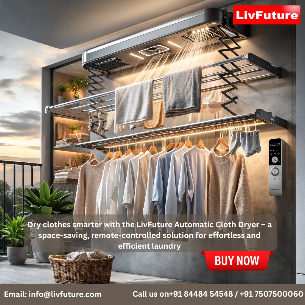 LivfutureL's tweet photo. Dry smarter, not harder with the LivFuture Automatic Cloth Dryer – where smart technology meets everyday convenience. 👕✨

📩 Email: info@livfuture.com
📞 Call: +91 84484 54548 / +91 7507500060

#LivFuture #AutomaticClothDryer #SmartHomeSolutions #LaundryMadeEasy #ModernLiving https://t.co/67PG2Wh4Oq