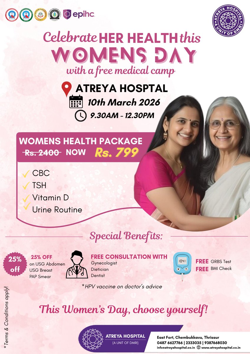 AtreyaHospital's tweet photo. In connection with International Women’s Day, we are offering a FREE Medical Check-Up exclusively for women tomorrow at Atreya Hospital from 9:30am to 12:30pm.
വിശ്വാസത്തോടെ ആരോഗ്യത്തിലേക്കുള്ള ഒരു ചുവട്!

 #InternationalWomensDay #FreeMedicalCamp #Atreyacare #AtreyaHospital https://t.co/h6rhBiXCYC