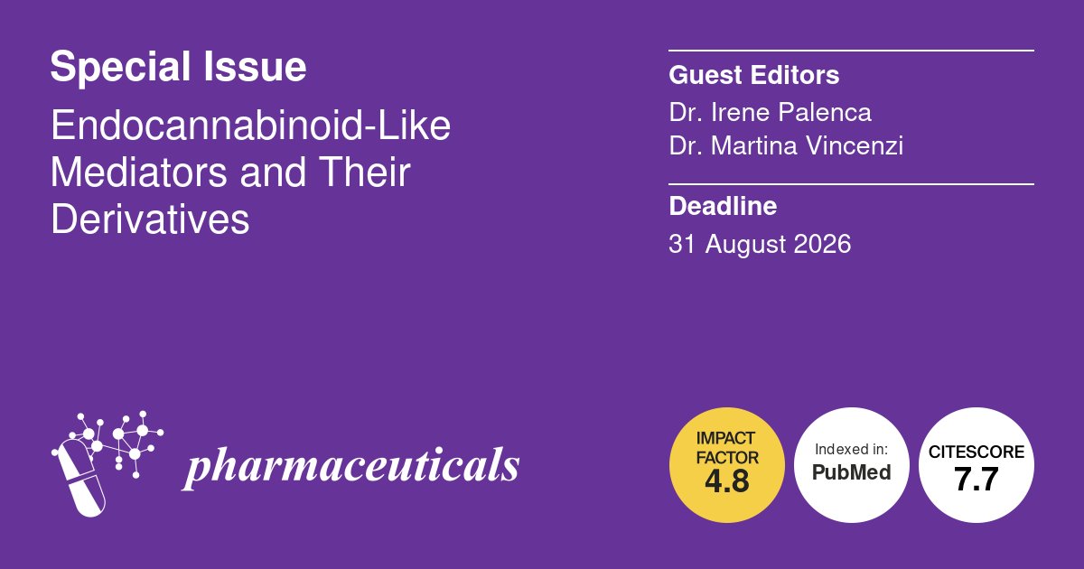 Pharmaceut_MDPI's tweet image. 📢#Specialissue: #Endocannabinoid-Like Mediators and Their Derivatives  
⏰Deadline: 31 August 2026
🎓Guest Editors: Dr. Irene Palenca and Dr. Martina Vincenzi
📖Find out more at mdpi.com/journal/pharma… @MDPIBiologySubj