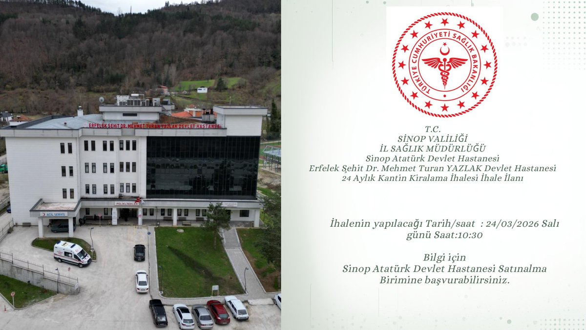 ErfelekDH's tweet photo. T.C.
SİNOP VALİLİĞİ
İL SAĞLIK MÜDÜRLÜĞÜ
Sinop Atatürk Devlet Hastanesi
Erfelek Şehit Dr. Mehmet Turan YAZLAK Devlet Hastanesi
24 Aylık Kantin Kiralama İhalesi İhale İlanı https://t.co/mjLuSqPta4