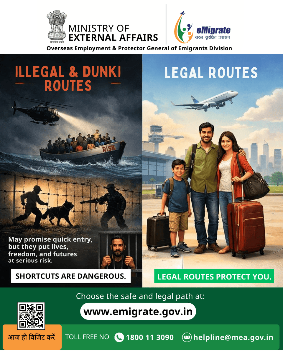 ProtectorGenGOI's tweet photo. Shortcuts can destroy futures.
❌ Say no to illegal &amp; Dunki routes
✅ Choose legal migration
👉 Choose safety. Choose legality: https://t.co/3yQKxGKOe8 https://t.co/GTZ4QSgrOk