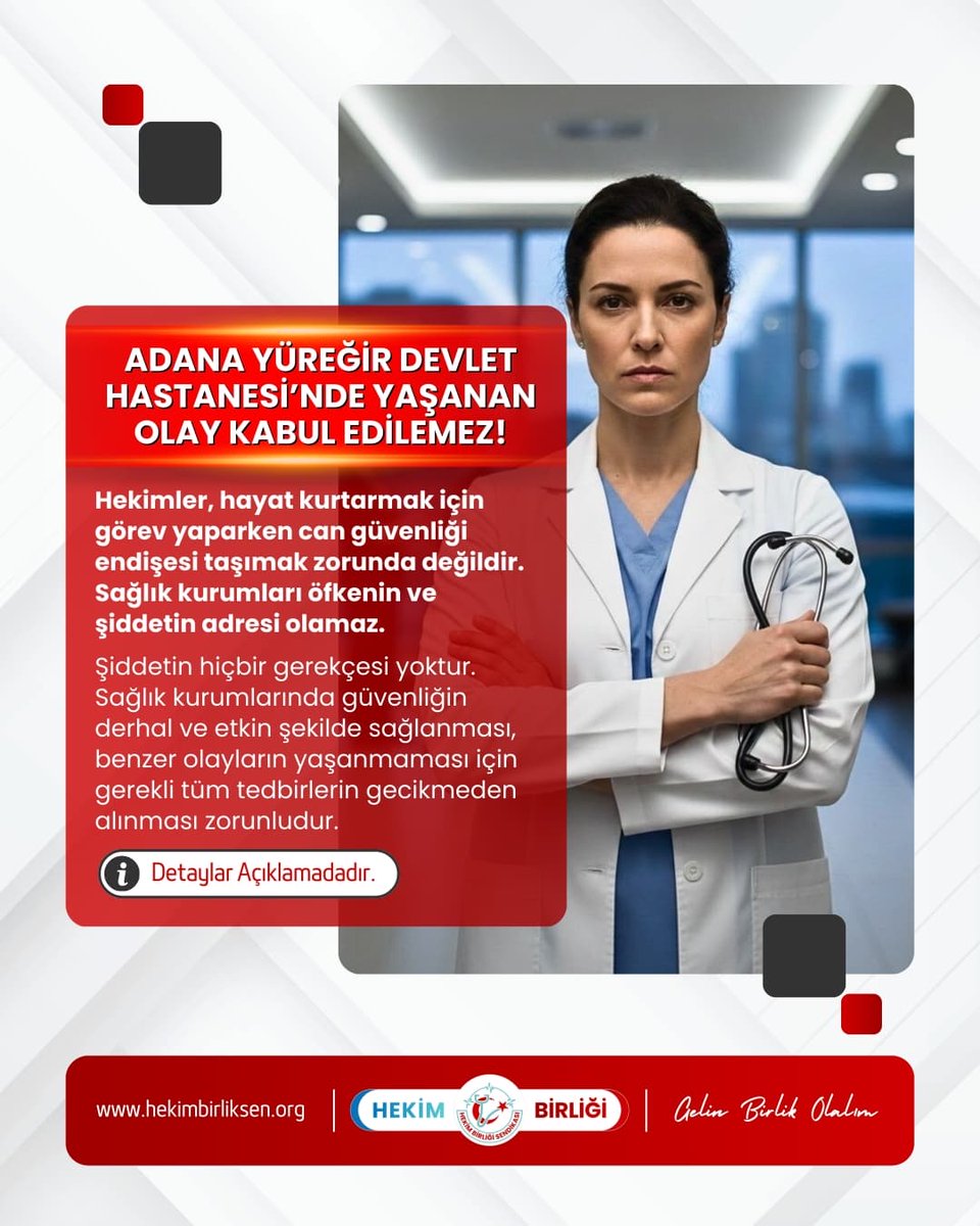 Adana Yüreğir Devlet Hastanesi’nde yaşanan olay kabul edilemez!

Bir hastanın vefatının ardından bazı hasta yakınlarının acil servisi basarak hekimlere yönelik saldırgan bir tutum sergilemesi, sağlık kurumlarında giderek artan şiddetin ne kadar tehlikeli bir noktaya ulaştığını