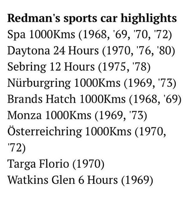 allaboutmayetml's tweet photo. Brian Redman started 12 #F1 GPs, bagging one podium (Jarama, ’68; Cooper-BRM), &amp; was hugely successful in sports cars, scoring more outright wins than I can list in 280 characters (hence the table below). He was also #F5000 champion 3 years running. The word is ‘complete’. (2/2) https://t.co/SX68Virjn9