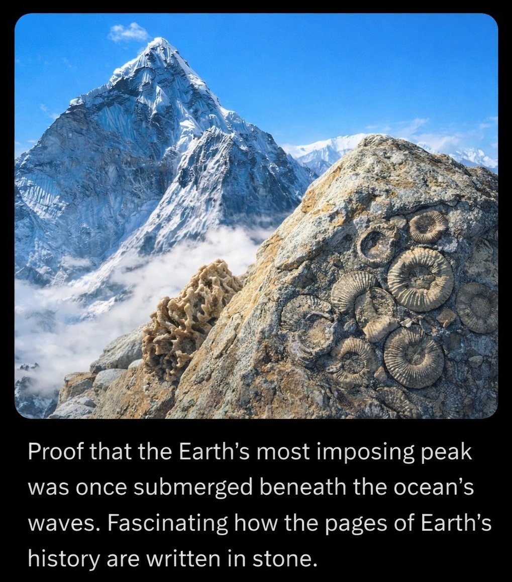 NyctophlieBoy's tweet photo. Everest'in tepesindeki deniz fosilleri 470 milyon yıllık olup, tarih öncesi okyanus olan ve artık var olmayan Tethys Denizi'nde yaşayan canlılara aittir. Hint tektonik plakası 50 milyon yıl önce Avrasya ile çarpıştı ve hala yılda 5 cm kuzeye doğru ilerliyor. Sonuç olarak Everest yılda yaklaşık 4 mm büyüyor. Okyanus tabanı öylece karaya dönüşmedi. Dünyanın en yüksek noktası oldu ve yükselmeye devam ediyor. Levha tektoniği o kadar geniş zaman ölçeklerinde işliyor ki, büyüyen bir dağ sanki durgunluk gibi görünüyor. Ancak deniz canlılarını 8.849 metreye çıkaran süreç durmadı. Şu anda oluyor, hissedilemeyecek kadar yavaş.