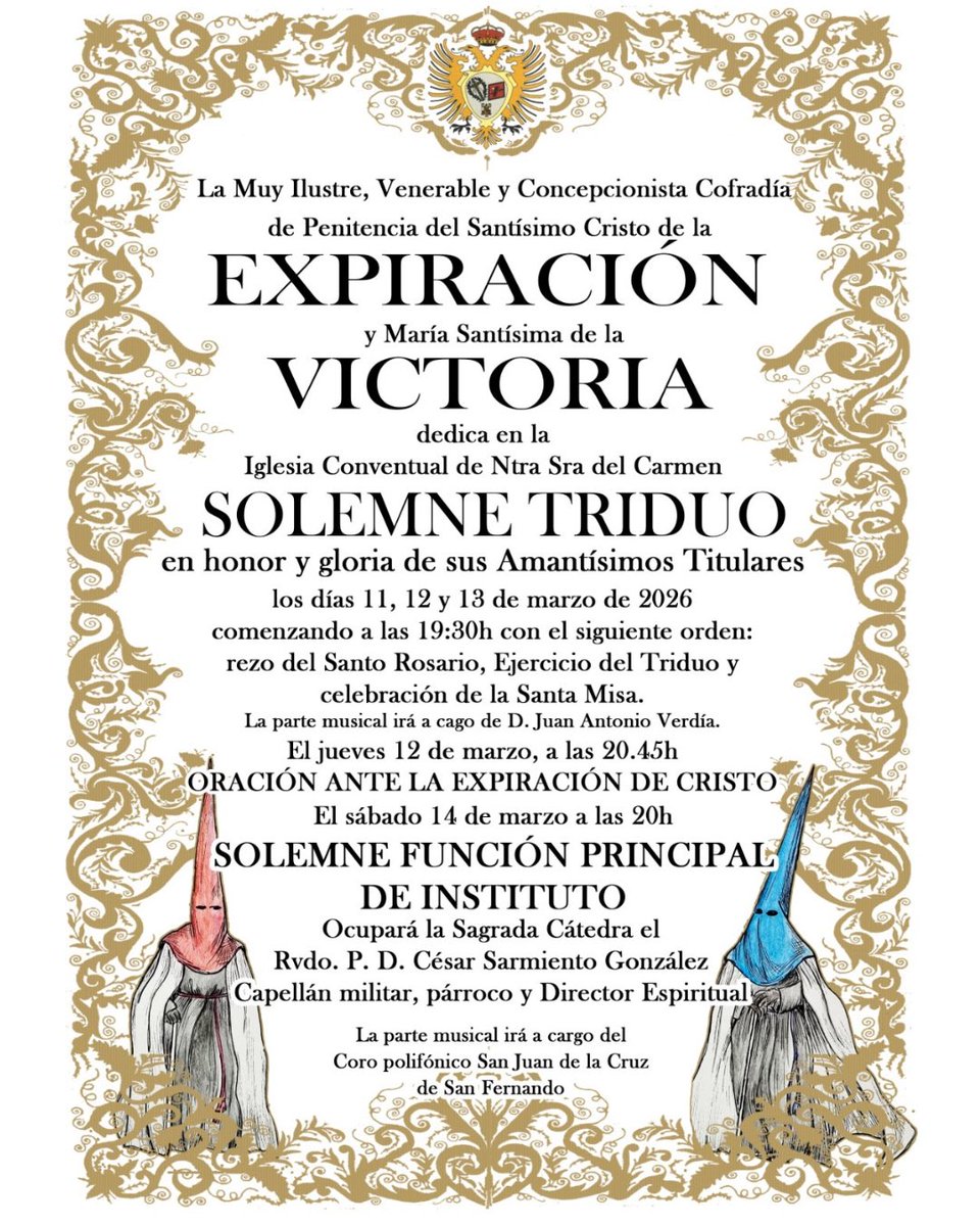 𝐓𝐑𝐈𝐃𝐔𝐎 𝐂𝐔𝐀𝐑𝐄𝐒𝐌𝐀𝐋

Recordad hermanos que este miércoles damos comienzo al Triduo en honor de nuestros Amantísimos Titulares

🔹19:30h: Santo Rosario
🔹20h: Santa Misa

📍Iglesia Conventual de Nuestra Señora del Carmen

#ExpiracionYVictoria #Cuaresma2026