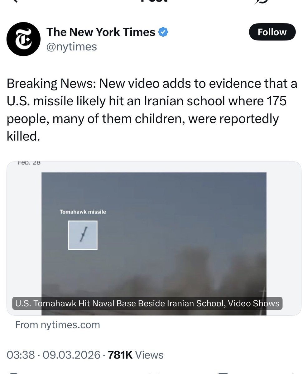 نیویارک تایمز گزارش داده که شواهد نشان می‌دهد که امریکا مزایل را به سمت مدرسه میناب در ایران شلیک نموده است . #IranWar #IranWar2026