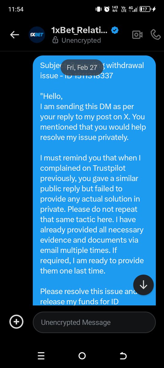 SLPodda315217's tweet photo. @1xBet_Relations @1xBet_Eng @1xbet_Support "Stop misleading! You asked for a DM to 'help', but my DM from Feb 27 is still unread (see SS). This is a tactic to look helpful in public while ignoring customers. My 11,000 LKR is held for over a month! #1xBetScam @1xBet_Support" https://t.co/Jmlru1mIwi