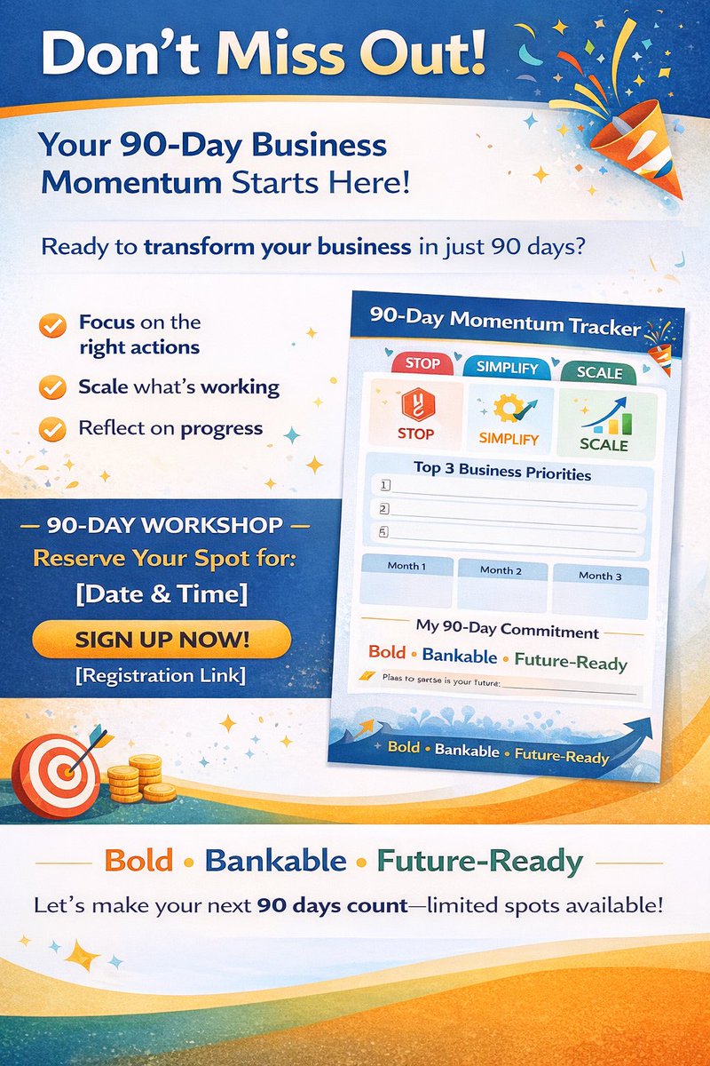 LOketcho's tweet image. Transform your business in 90 days!

Join our 90-Day Momentum Workshop:
✅ Stop what’s holding you back
✅ Simplify &amp;amp; scale what works
✅ Build a Bold • Bankable • Future-Ready business
#strategy 
#business
#90Dayplan
#BoldBankableandFutureReady