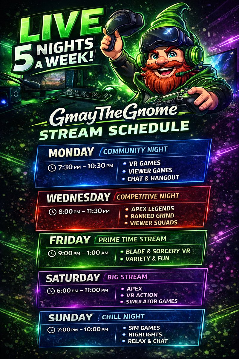 GmayTheGnome's tweet image. New stream schedule… 

My stream duo: @Aarynn__ 

My org: @BearClaw_Esport 

Stream link : Kick.com/GmayTheGnome

#KickStreamer #ApexLegends #VRGaming #GmayTheGnome #StreamingSchedule