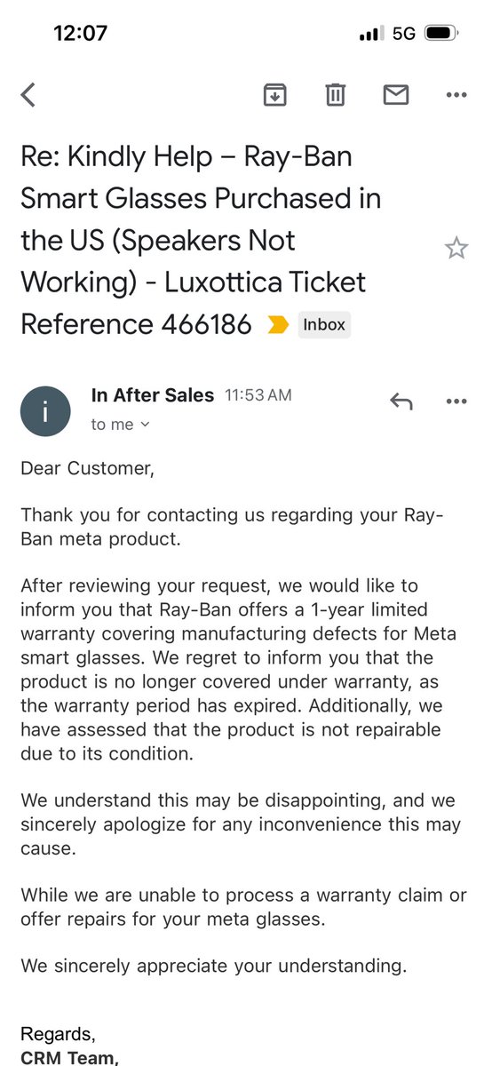 aRovIT's tweet photo. @EssiLux @Meta can you kindly help ? Loved my meta glasses, but it’s disheartening to know speakers, that failed just after 13 months, are unrepairable. Makes me think if it’s worth going for Gen-2 because of poor service. https://t.co/pB5ZK2wMxX