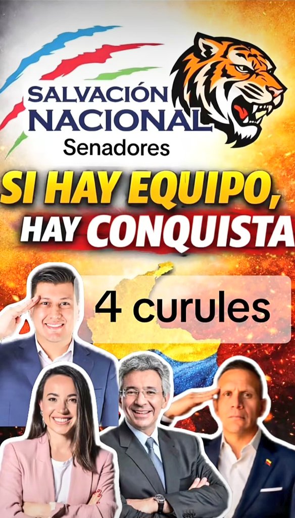 .         ¡ FELICITACIONES !

Salvación Nacional obtuvo 4 curules en el Senado (nacional): Enrique Gómez Martínez, Sara Jimena Castellanos Rodríguez, Germán Andrés Rodríguez Prieto y John Alejandro Bermeo Rodríguez.

        <a href="/ABDELAESPRIELLA/">Abelardo De La Espriella</a> 
       🇨🇴 Firme por la Patria 🇨🇴