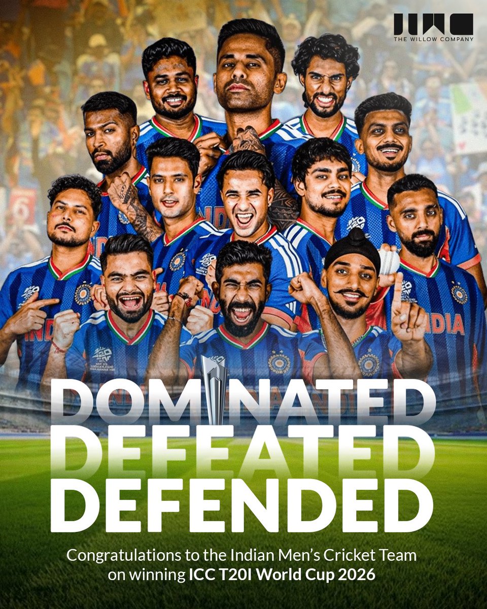 TWC_Group's tweet photo. History created in #Ahmedabad! 

First team to defend and win #T20IWC2026 title at home, #IndianCricketTeam blazed through the tournament effortlessly. With this triumph, they have continued the remarkable legacy of India’s dominance in International Cricket. 

#Congratulations! https://t.co/8iRppuY29O