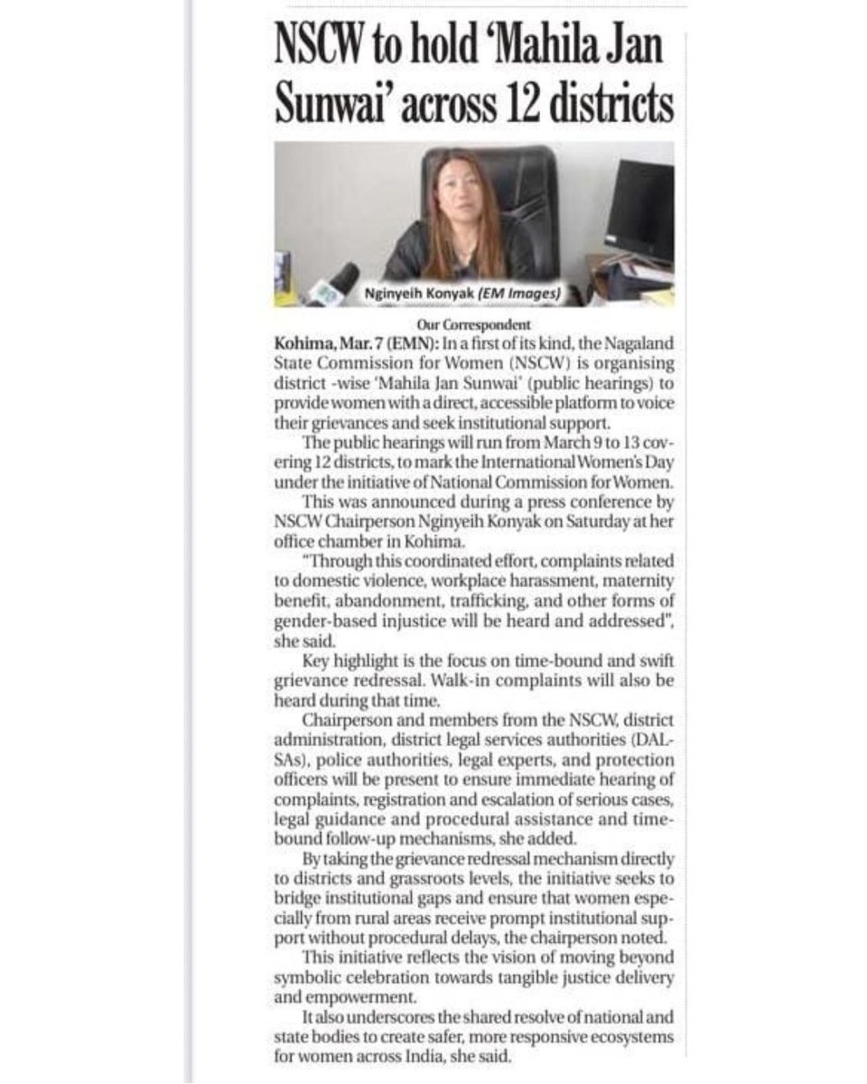 NSCW to hold 'Mahila Jan Sunwai' across 12 districts of Nagaland starting from 9th March 2026. #mahilajansunwai #WomensDay2026  #WomenEmpowerment #WomenRights