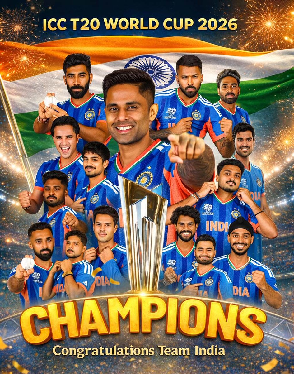 TechVolmint's tweet photo. Team India wins the T20 World Cup 2026! 🇮🇳🏆

Back-to-back champions (2024 &amp; 2026) and the first team to lift the trophy 3 times. A proud moment for every Indian. Men in Blue create history!
#TeamIndia #T20WorldCup #WorldCup2026 #MenInBlue #T20  #IndiaChampions #TeamIndiaWins https://t.co/sYUEGKvbac